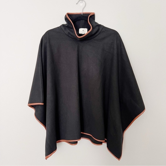 Tuckernuck Womens OS One Size Black LEATHER TRIM FUNNEL NECK PIPER PONCHO - Picture 2 of 6